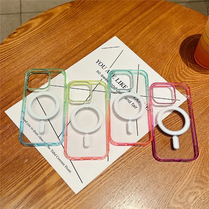 For iPhone 16 Pro Magnetic Case Color Matching TPU + Acrylic Gradient Clear Phone Cover - Blue / Pink