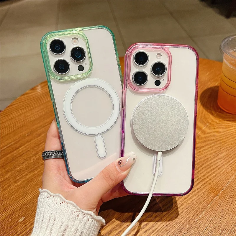 For iPhone 14 Pro Max Magnetic Case Color Matching TPU + Acrylic Gradient Clear Phone Cover - Green / Blue