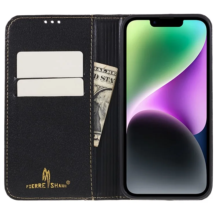 Fierre Shann Drop-proof-hülle Für Iphone 14, Top-layer-kuhspur-leder Magnetisch Auto Schließung Telefon Brieftasche Abdeckung - Schwarz