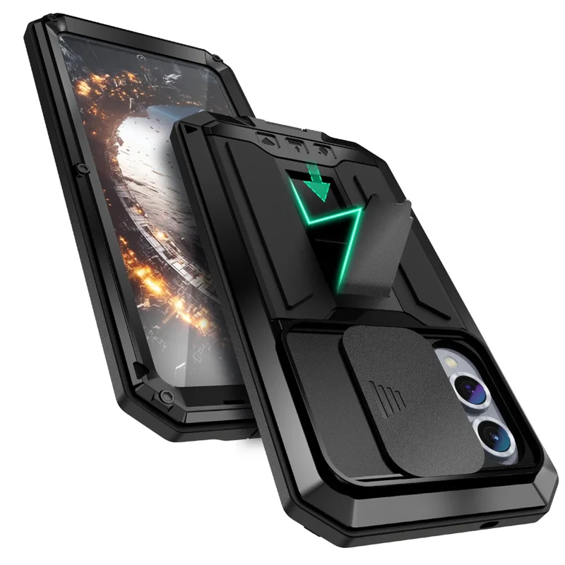R-JUST Für Samsung Galaxy S25 Edge Hülle PC + Silikon + Metall Rückseite mit Panzerglas - Schwarz