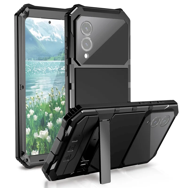R-JUST For Samsung Galaxy S25 Edge Case PC + Silicone + Metal Kickstand Phone Cover with Tempered Glass Film - Black