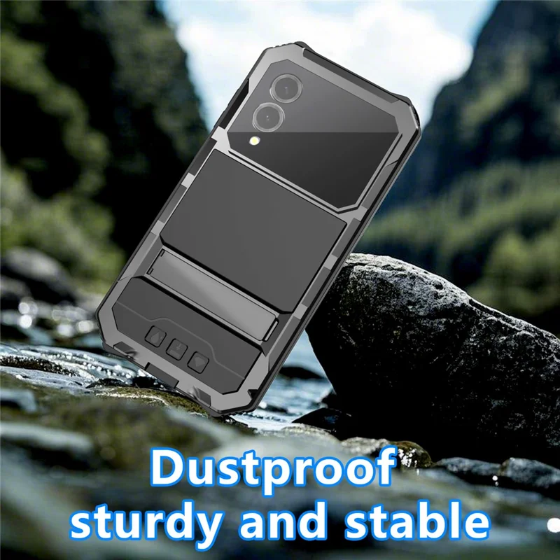 R-JUST For Samsung Galaxy S25 Edge Case PC + Silicone + Metal Kickstand Phone Cover with Tempered Glass Film - Black