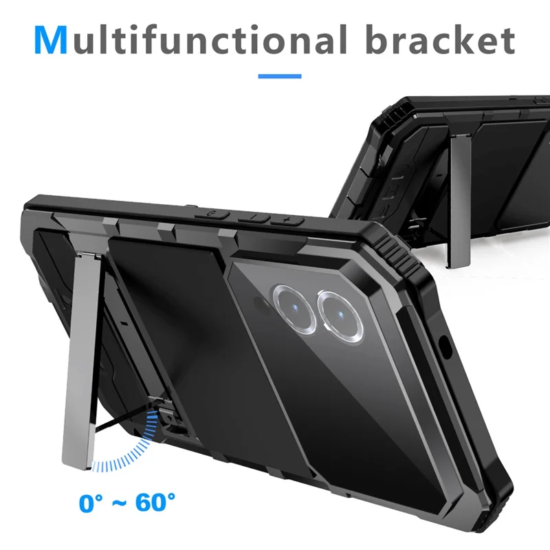 R-JUST For Samsung Galaxy S25 Edge Case PC + Silicone + Metal Kickstand Phone Cover with Tempered Glass Film - Black