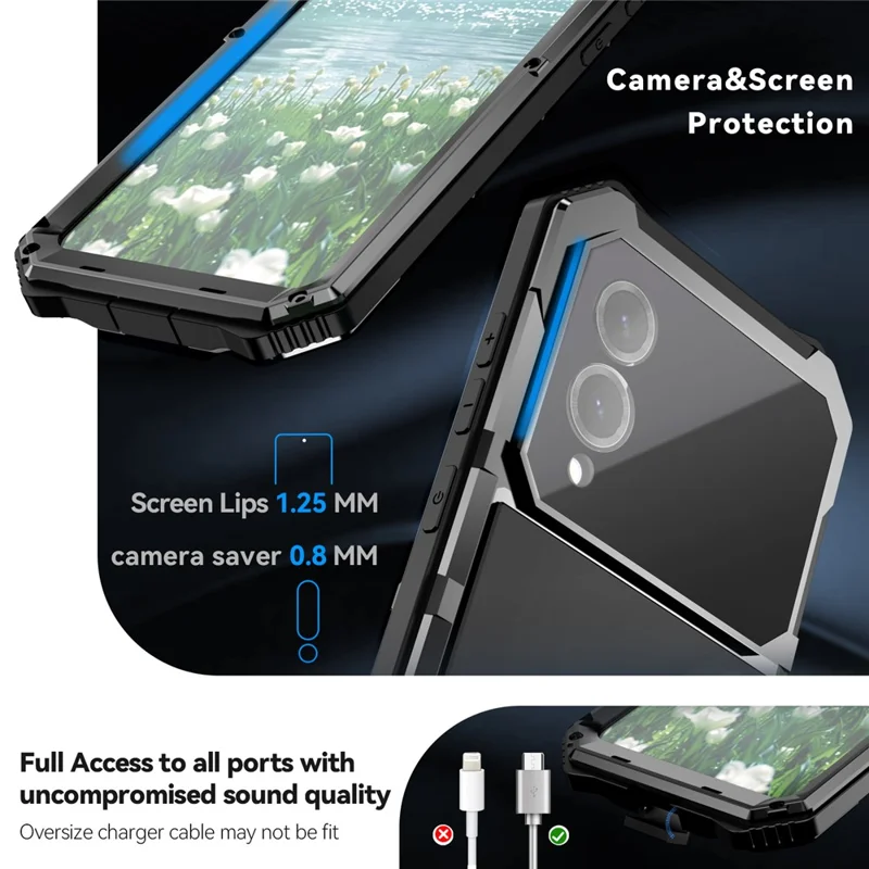 R-JUST For Samsung Galaxy S25 Edge Case PC + Silicone + Metal Kickstand Phone Cover with Tempered Glass Film - Black