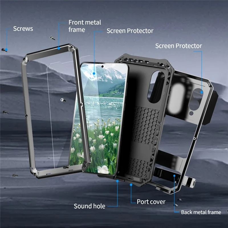 R-JUST For Samsung Galaxy S25 Edge Case PC + Silicone + Metal Kickstand Phone Cover with Tempered Glass Film - Black