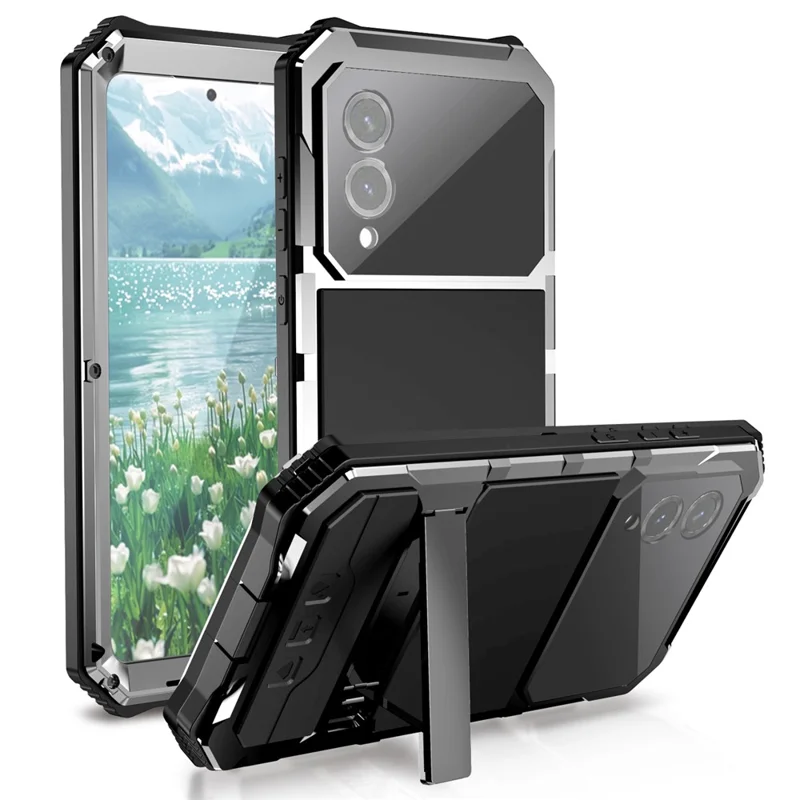 R-JUST For Samsung Galaxy S25 Edge Case PC + Silicone + Metal Kickstand Phone Cover with Tempered Glass Film - Silver