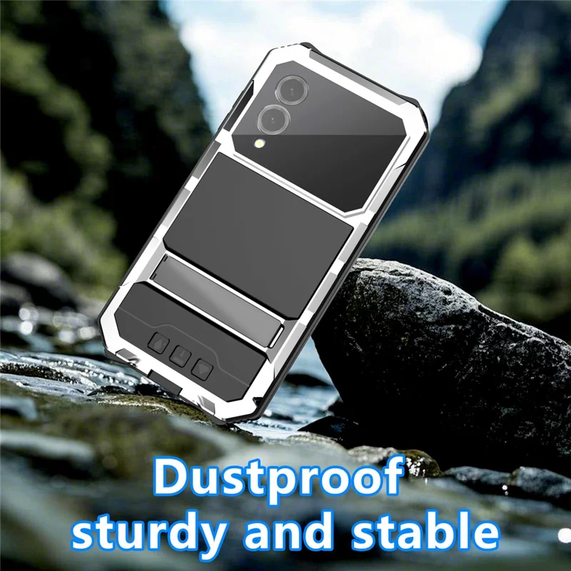 R-JUST For Samsung Galaxy S25 Edge Case PC + Silicone + Metal Kickstand Phone Cover with Tempered Glass Film - Silver