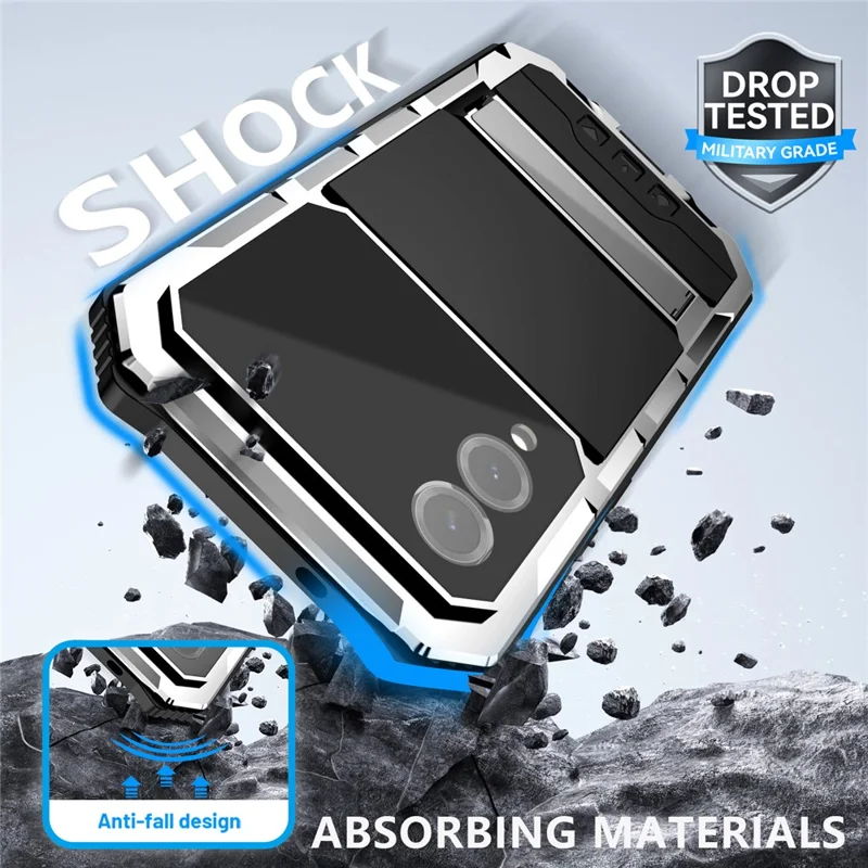 R-JUST For Samsung Galaxy S25 Edge Case PC + Silicone + Metal Kickstand Phone Cover with Tempered Glass Film - Silver