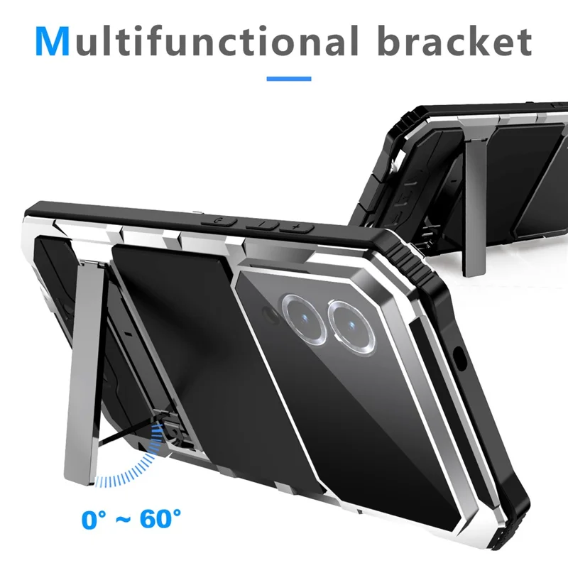 R-JUST For Samsung Galaxy S25 Edge Case PC + Silicone + Metal Kickstand Phone Cover with Tempered Glass Film - Silver