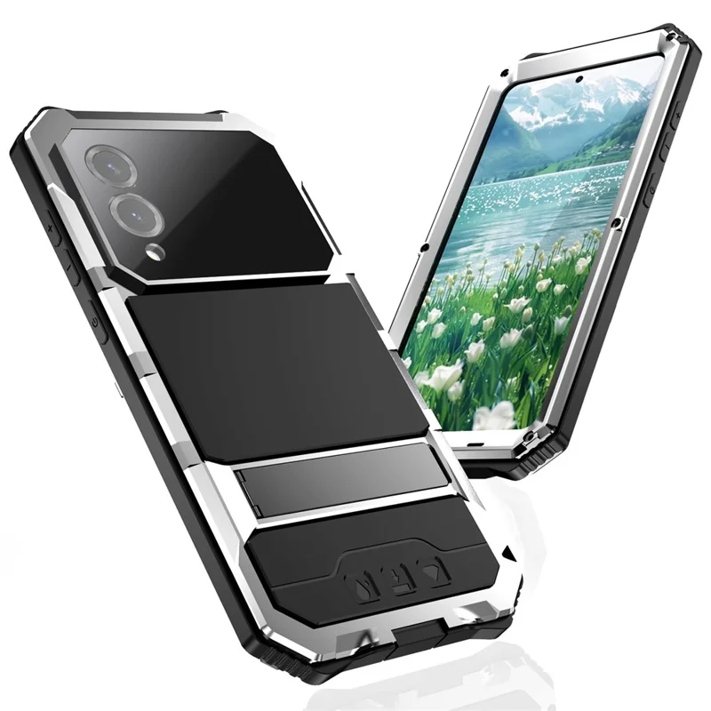 R-JUST For Samsung Galaxy S25 Edge Case PC + Silicone + Metal Kickstand Phone Cover with Tempered Glass Film - Silver