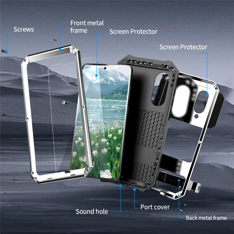 R-JUST For Samsung Galaxy S25 Edge Case PC + Silicone + Metal Kickstand Phone Cover with Tempered Glass Film - Silver