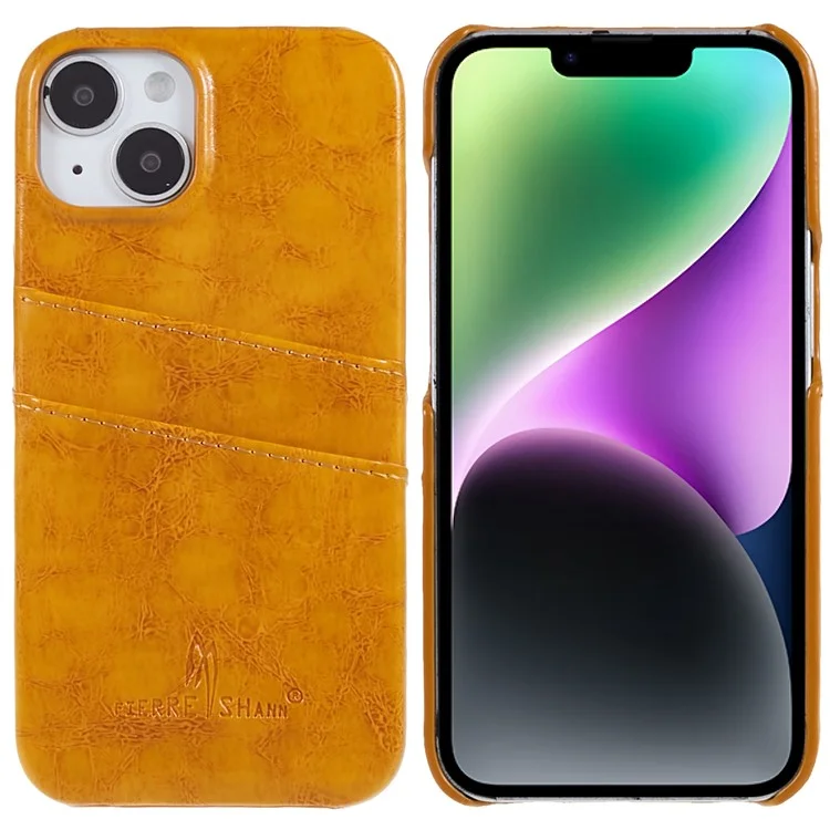 Fierre Shann Pour Iphone 14 Wax PU PU Cuir Enduit de Téléphone Dur PC Téléphone Anti-scratch Couvercle Avec Deux Emplacements de Carte - Jaune