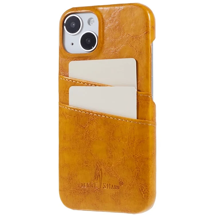 Fierre Shann Pour Iphone 14 Wax PU PU Cuir Enduit de Téléphone Dur PC Téléphone Anti-scratch Couvercle Avec Deux Emplacements de Carte - Jaune