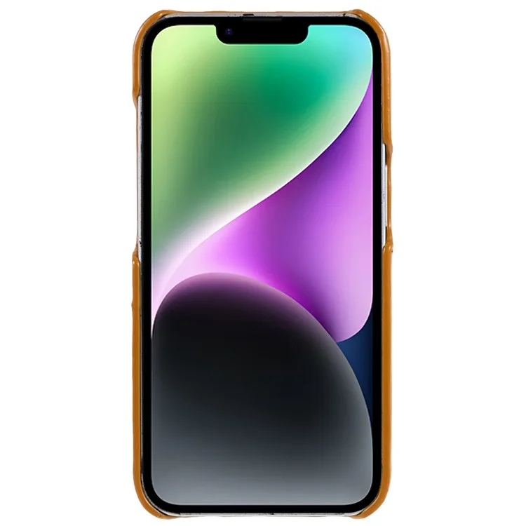 Fierre Shann Pour Iphone 14 Wax PU PU Cuir Enduit de Téléphone Dur PC Téléphone Anti-scratch Couvercle Avec Deux Emplacements de Carte - Jaune