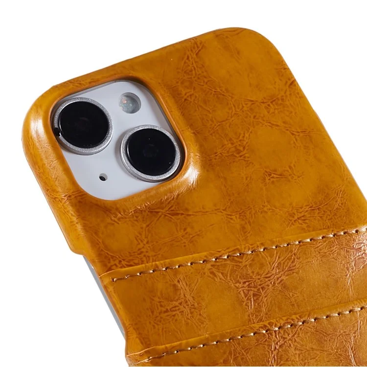 Fierre Shann Pour Iphone 14 Wax PU PU Cuir Enduit de Téléphone Dur PC Téléphone Anti-scratch Couvercle Avec Deux Emplacements de Carte - Jaune