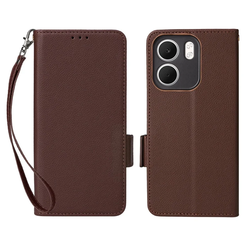 Funda para Oppo A5x 5G / 4G con Correa de Muñeca, Textura de Cuero Tipo Grano de Lichi, Cartera Protectora para Móvil - Marrón