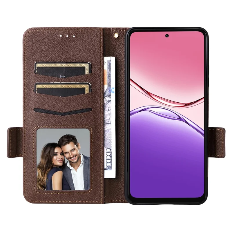Funda para Oppo A5x 5G / 4G con Correa de Muñeca, Textura de Cuero Tipo Grano de Lichi, Cartera Protectora para Móvil - Marrón