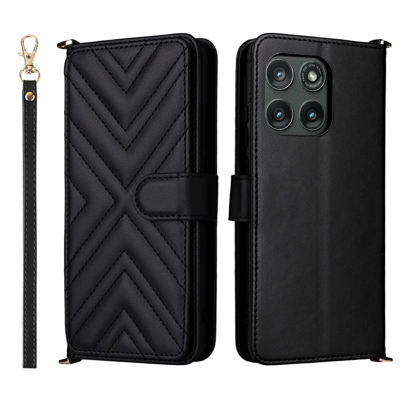 Pour Motorola Edge (2025) 5G / Edge (Génération 6) Étui avec Bandoulière / Dragonne en Cuir Support Portefeuille pour Téléphone - Noir