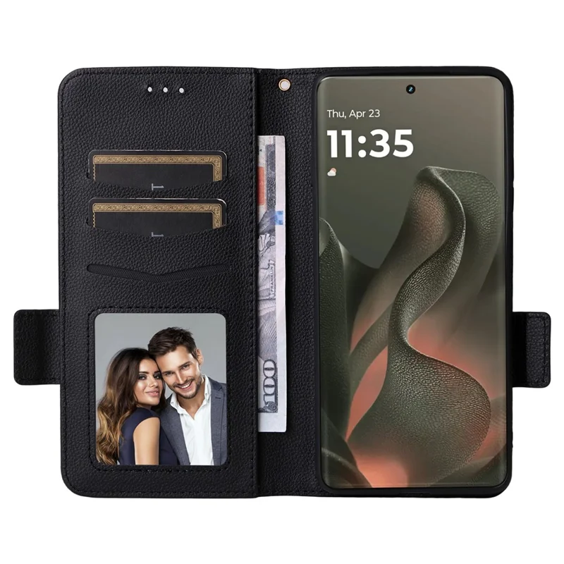 Für Motorola Edge (2025) 5G / Edge (Gen 6) Hülle mit Handschlaufe Litschitextur PU-Leder Wallet Handyhülle - Schwarz