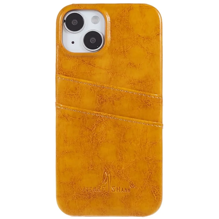 FIERRE SHANN For iPhone 14 Plus Oil Wax PU Leather Coated PC Phone Shockproof Case Protective Cover with Two Card Slots - Yellow