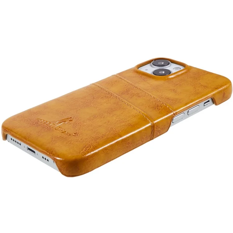 FIERRE SHANN For iPhone 14 Plus Oil Wax PU Leather Coated PC Phone Shockproof Case Protective Cover with Two Card Slots - Yellow
