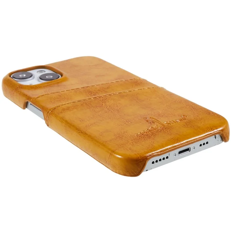 FIERRE SHANN For iPhone 14 Plus Oil Wax PU Leather Coated PC Phone Shockproof Case Protective Cover with Two Card Slots - Yellow