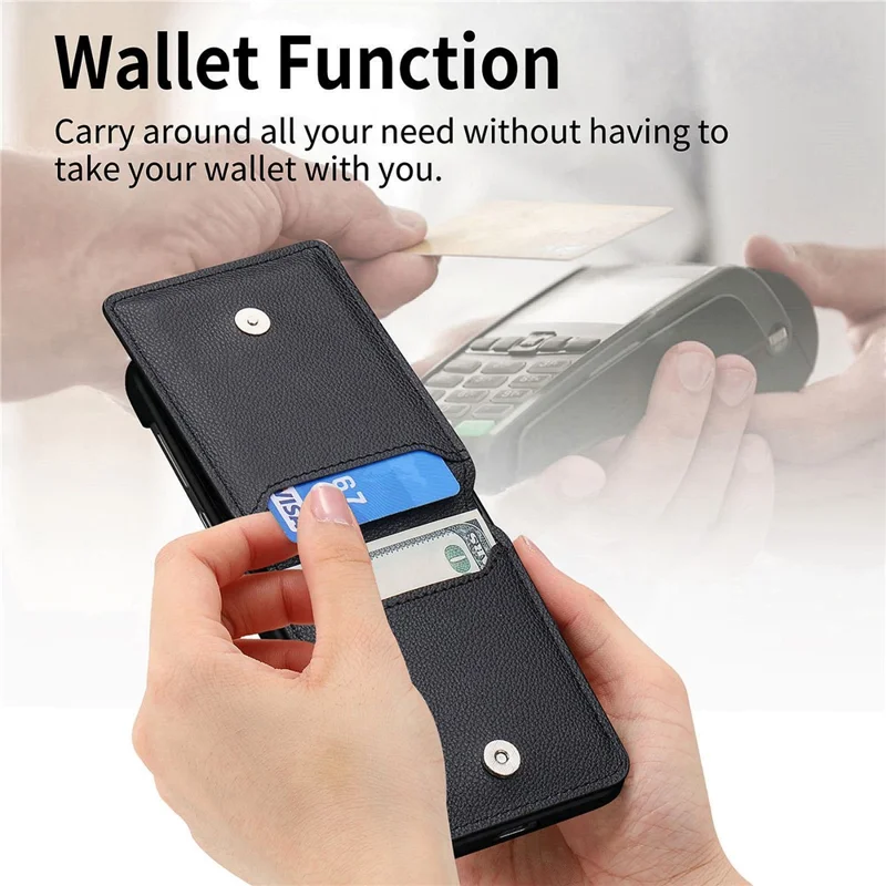 Cover per Samsung Galaxy Z Flip7 5G con Porta Carte, Supporto, Anello di Presa - Custodia in PU + PC - Nero