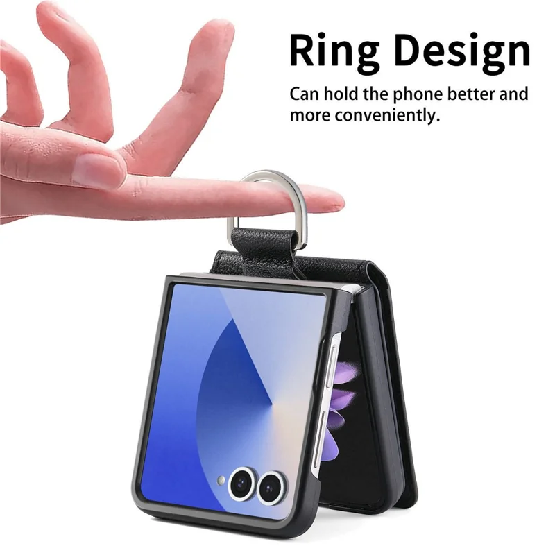 Cover per Samsung Galaxy Z Flip7 5G con Porta Carte, Supporto, Anello di Presa - Custodia in PU + PC - Nero