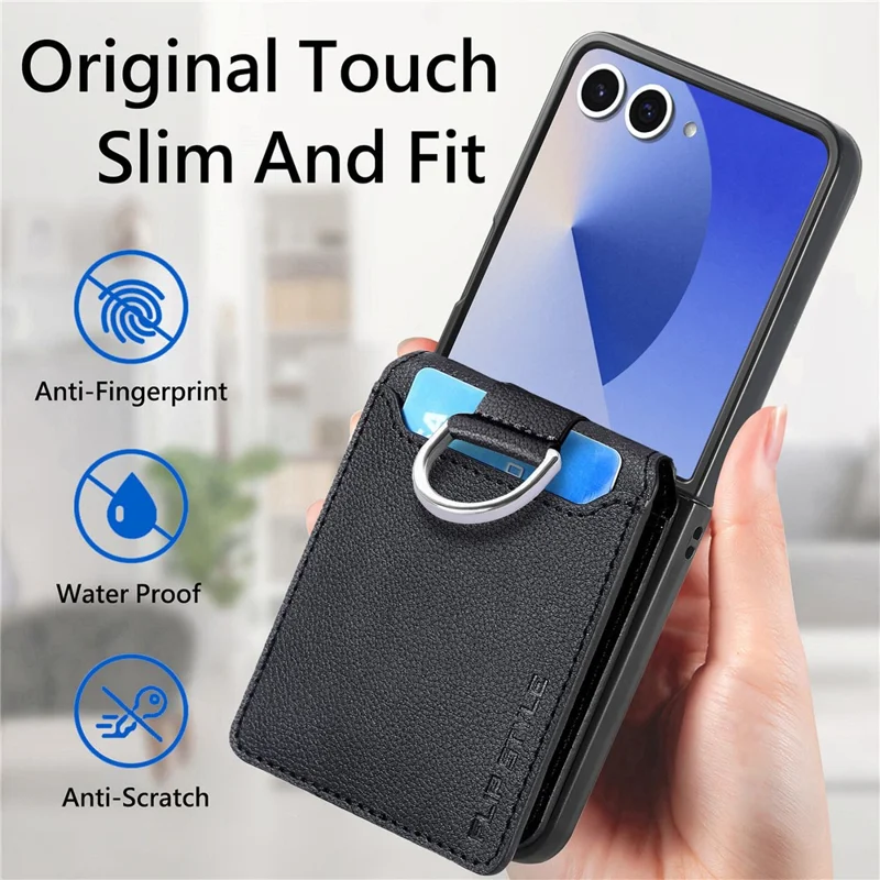 Cover per Samsung Galaxy Z Flip7 5G con Porta Carte, Supporto, Anello di Presa - Custodia in PU + PC - Nero