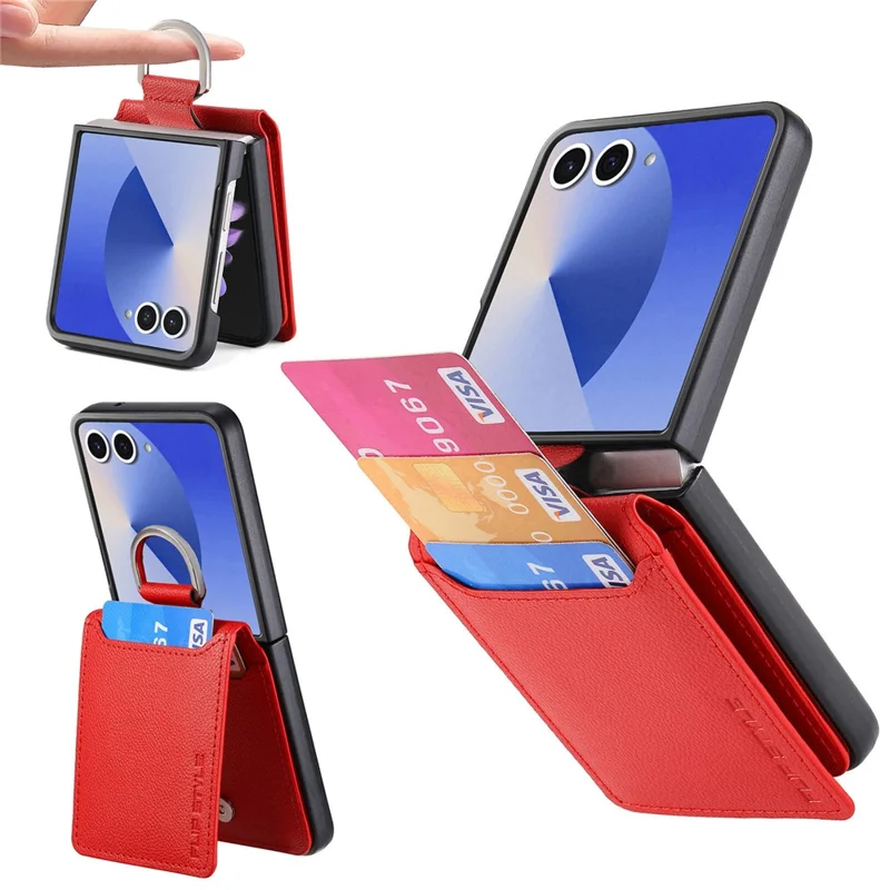 For Samsung Galaxy Z Flip7 5G Case Card Holder Kickstand PU + PC Phone Cover with Finger Ring - Red