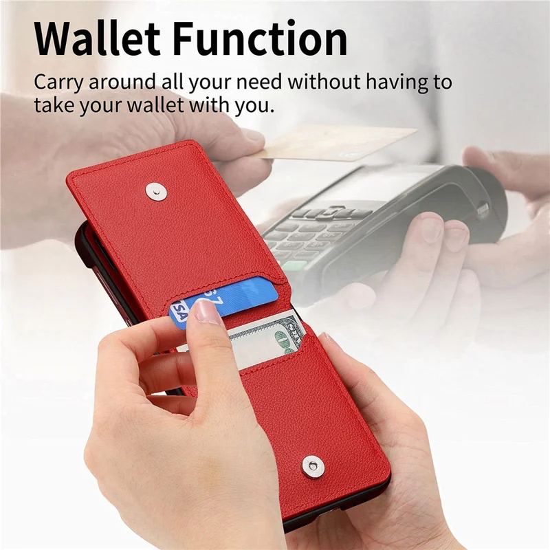 For Samsung Galaxy Z Flip7 5G Case Card Holder Kickstand PU + PC Phone Cover with Finger Ring - Red