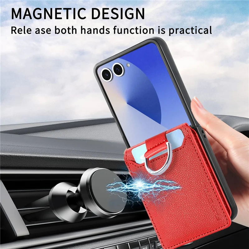 For Samsung Galaxy Z Flip7 5G Case Card Holder Kickstand PU + PC Phone Cover with Finger Ring - Red