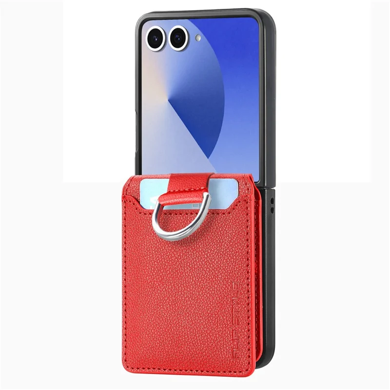 For Samsung Galaxy Z Flip7 5G Case Card Holder Kickstand PU + PC Phone Cover with Finger Ring - Red