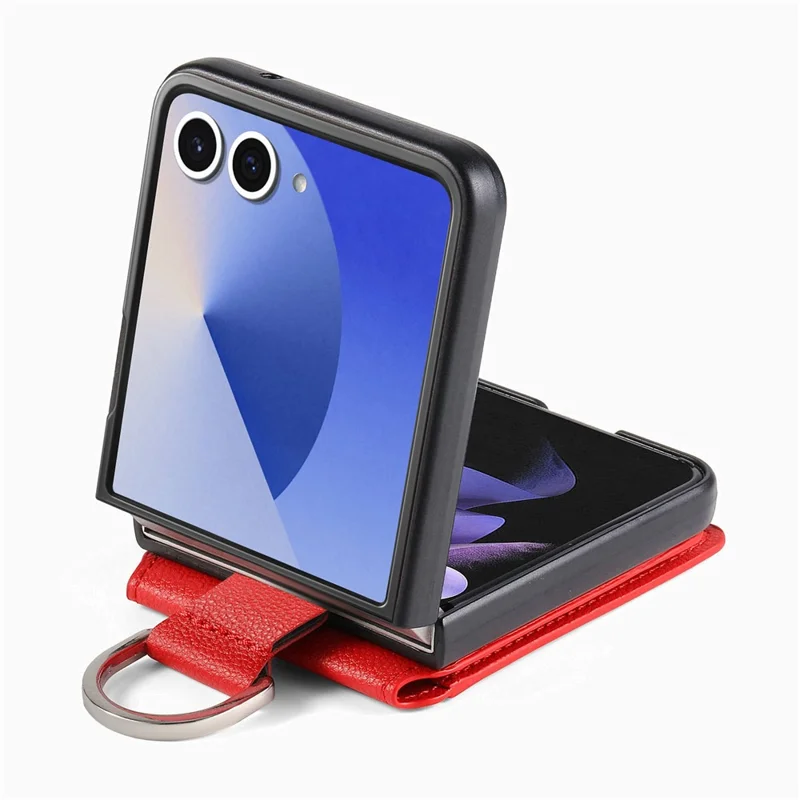 For Samsung Galaxy Z Flip7 5G Case Card Holder Kickstand PU + PC Phone Cover with Finger Ring - Red