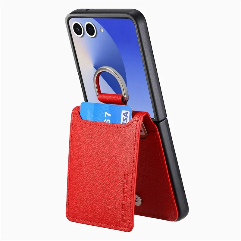 For Samsung Galaxy Z Flip7 5G Case Card Holder Kickstand PU + PC Phone Cover with Finger Ring - Red