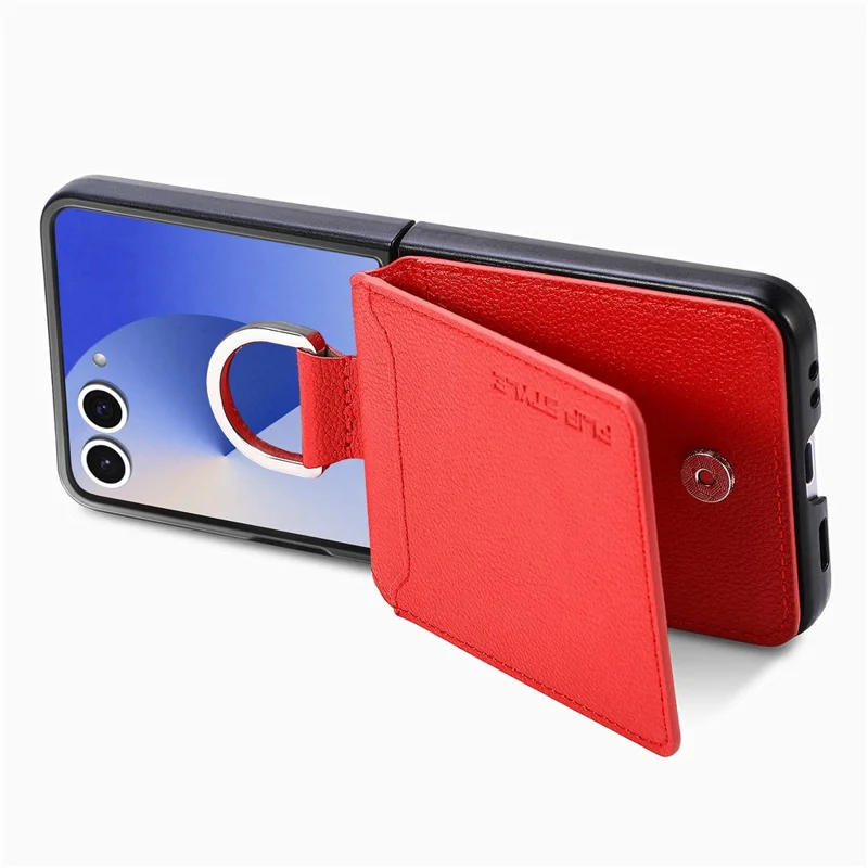 For Samsung Galaxy Z Flip7 5G Case Card Holder Kickstand PU + PC Phone Cover with Finger Ring - Red