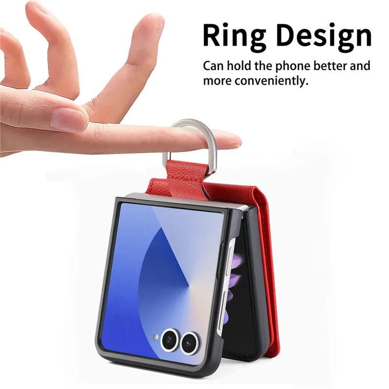 For Samsung Galaxy Z Flip7 5G Case Card Holder Kickstand PU + PC Phone Cover with Finger Ring - Red