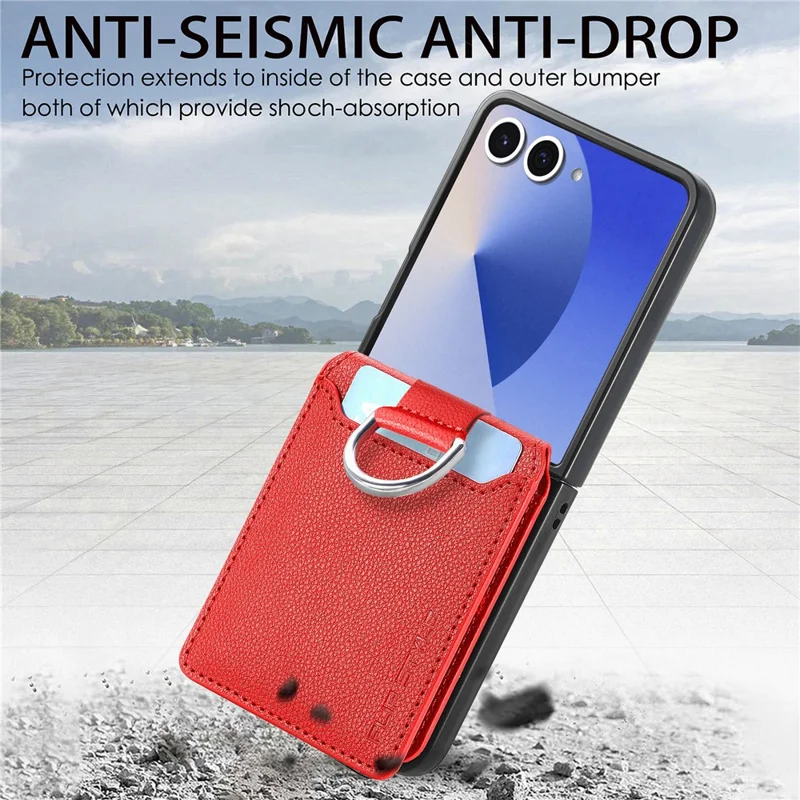 For Samsung Galaxy Z Flip7 5G Case Card Holder Kickstand PU + PC Phone Cover with Finger Ring - Red