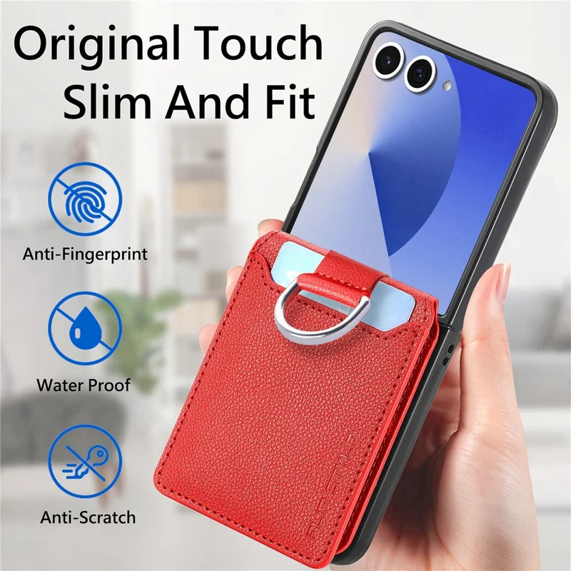 For Samsung Galaxy Z Flip7 5G Case Card Holder Kickstand PU + PC Phone Cover with Finger Ring - Red
