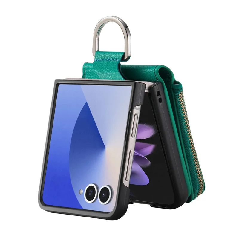 Чехол для Samsung Galaxy Z Flip7 5G с кожаным карманом на молнии + PC-накладка с кольцом-держателем - Зеленый