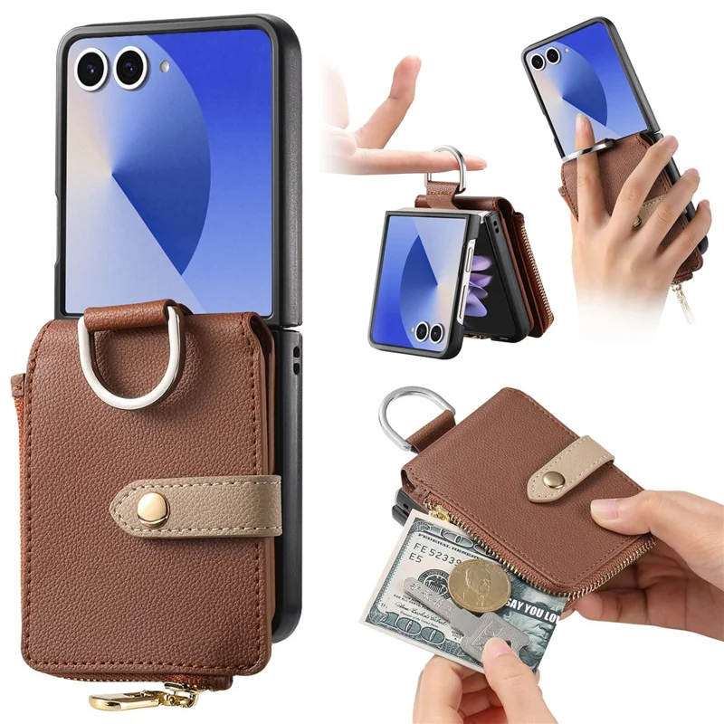 For Samsung Galaxy Z Flip7 5G Case Zipper Pocket Leather + PC Phone Cover with Ring Holder - Brown