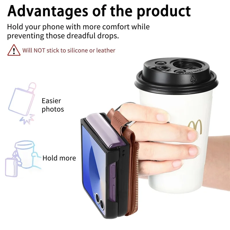 For Samsung Galaxy Z Flip7 5G Case Zipper Pocket Leather + PC Phone Cover with Ring Holder - Brown