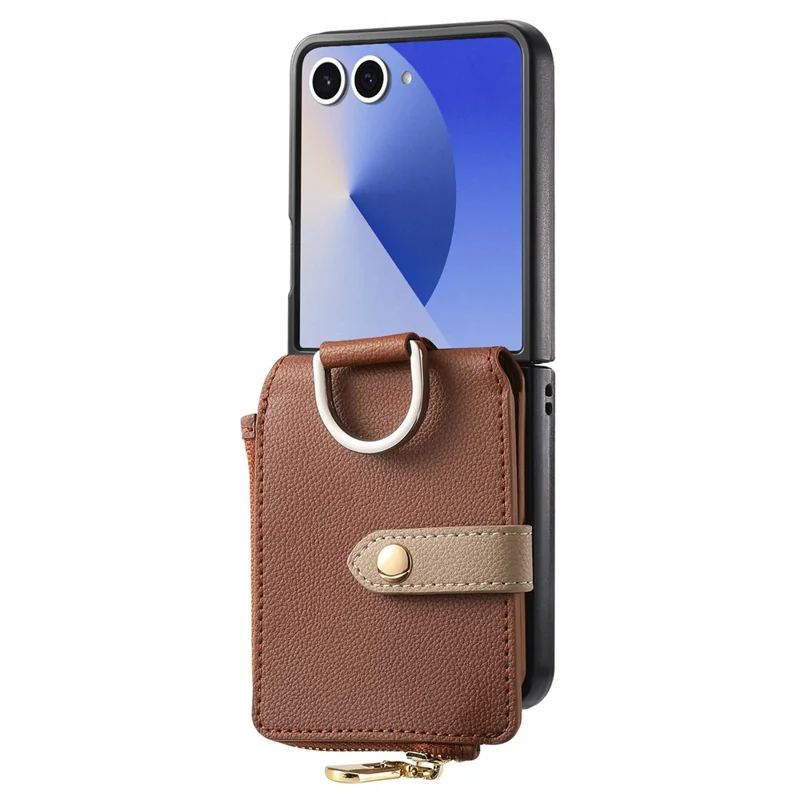 For Samsung Galaxy Z Flip7 5G Case Zipper Pocket Leather + PC Phone Cover with Ring Holder - Brown