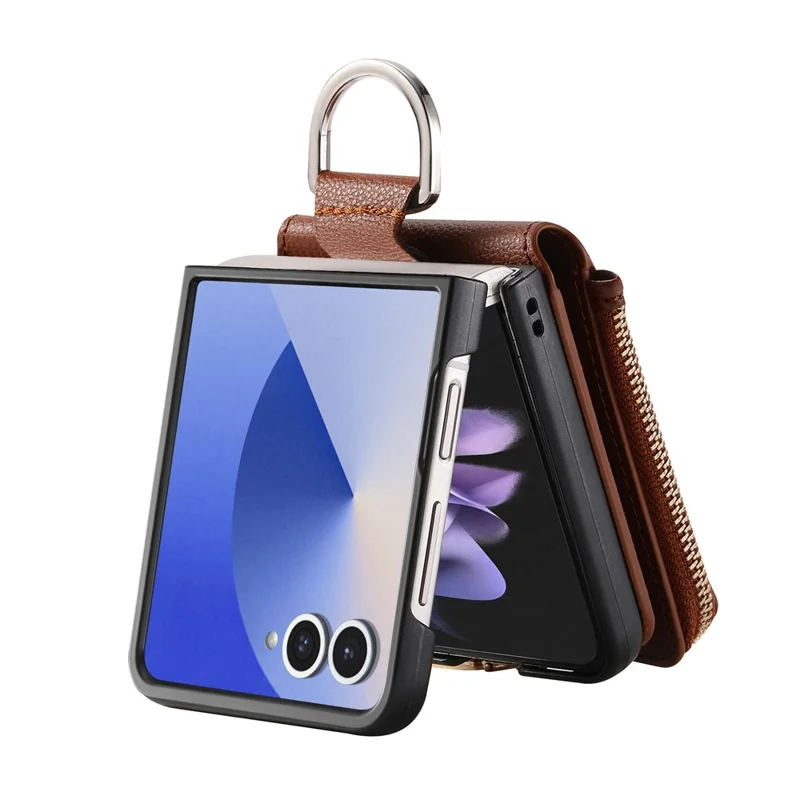 For Samsung Galaxy Z Flip7 5G Case Zipper Pocket Leather + PC Phone Cover with Ring Holder - Brown