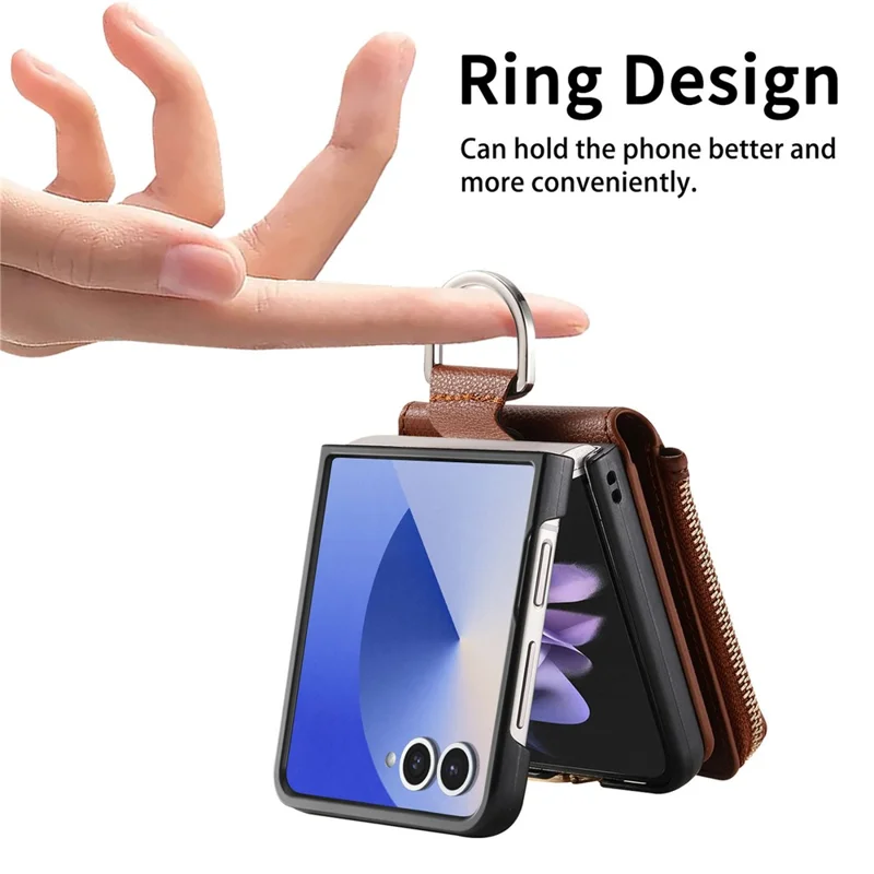 For Samsung Galaxy Z Flip7 5G Case Zipper Pocket Leather + PC Phone Cover with Ring Holder - Brown