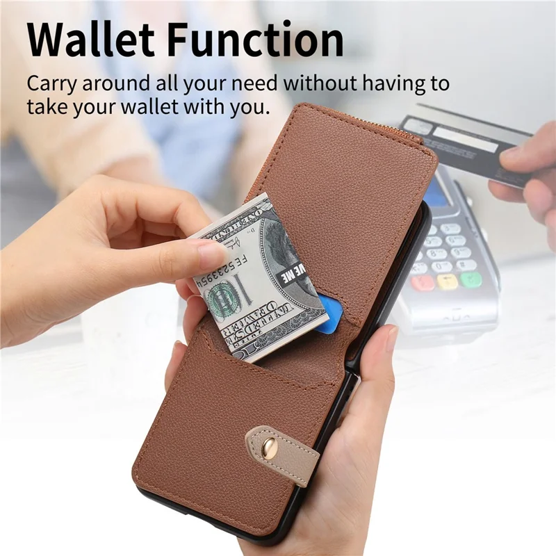 For Samsung Galaxy Z Flip7 5G Case Zipper Pocket Leather + PC Phone Cover with Ring Holder - Brown