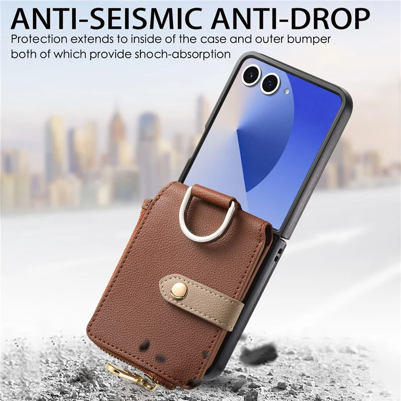For Samsung Galaxy Z Flip7 5G Case Zipper Pocket Leather + PC Phone Cover with Ring Holder - Brown