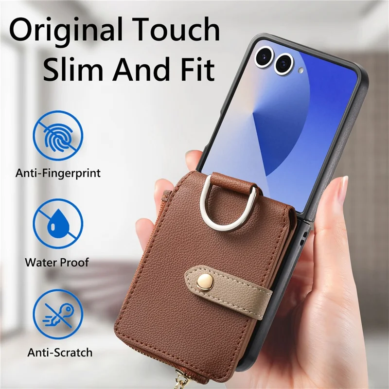 For Samsung Galaxy Z Flip7 5G Case Zipper Pocket Leather + PC Phone Cover with Ring Holder - Brown