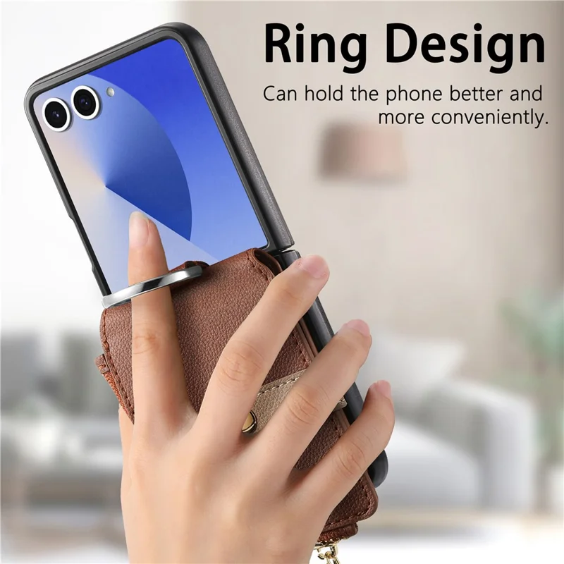 For Samsung Galaxy Z Flip7 5G Case Zipper Pocket Leather + PC Phone Cover with Ring Holder - Brown