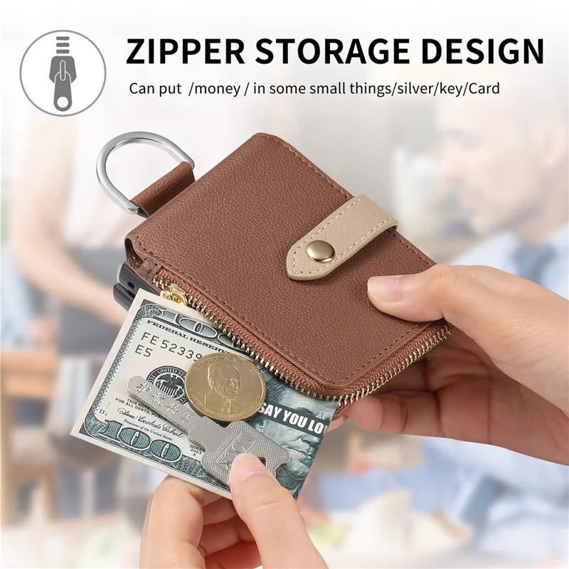 For Samsung Galaxy Z Flip7 5G Case Zipper Pocket Leather + PC Phone Cover with Ring Holder - Brown